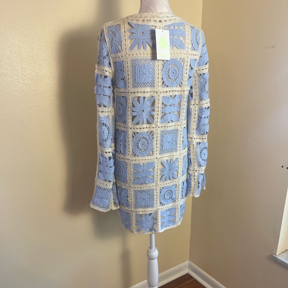 Ivory Crochet Lace Mini Dress S Granny Square Patchwork Boho Cottagecore Retro - Picture 14 of 14